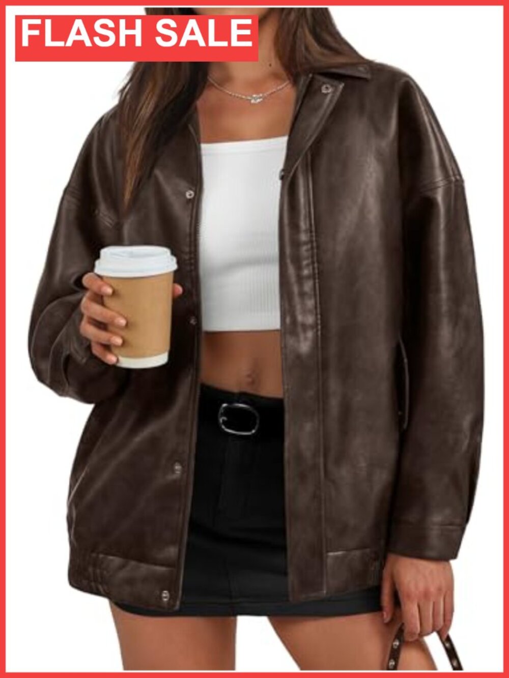 Oversized Faux Leather Bomber Jacket Textured Moto Zip Coat